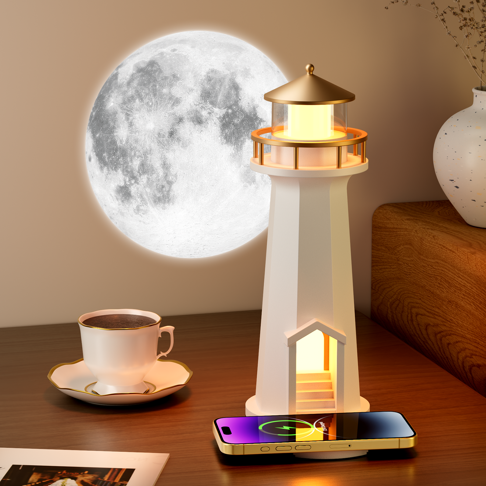 Moon Lighthouse Projection Lamp Touch Control Colorful LED Plug-In Bedroom Phone Charger Speaker Night Light Decoration
