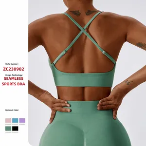 Custom Fitness & Yoga Wear Supplier Square Neck Yoga Bra Cross Back Workout Tops Ribbed Seamless Women Sports Bras