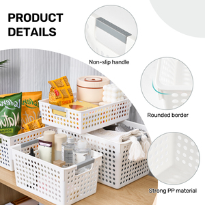 6 Pack <b>White</b> Plastic <b>Storage</b> <b>Baskets</b> Multi-Size Ventilated Organizer Bins with Handles for Kitchen & Bathroom - Product Image 3