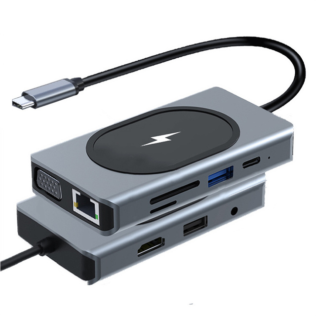 9 in 1 Docking Station Adapter Hub Type C to HDTV Mul-tifunction Docking Station 15W Wireless Charger Phone Accessories