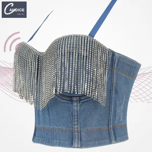 Candice Club Performance Wear mit Brust polster Quaste Jeans Jeans Tops Glänzendes Luxus Strass Bustier sexy Vintage Korsett