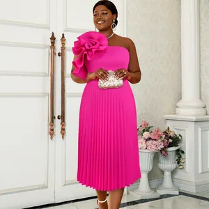 Gaun panjang Midi lipit tanpa lengan lipit AOMEI ruffle gaun Prom wanita Hot Pink