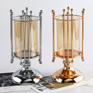 Geometric Gold Pillar Metal <strong>Candle</strong> Stand Decorative <strong>Candle</strong> <strong>Lantern</strong> with Removable Glass Cover - Product Image 1