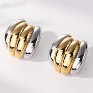 Boutique Trendy Two Tone Hoop 18K Chunky Gold Pendientes Silver Gold Shade Triple Band Huggie Large Chunky Two Tone Pendientes - Product Image 1