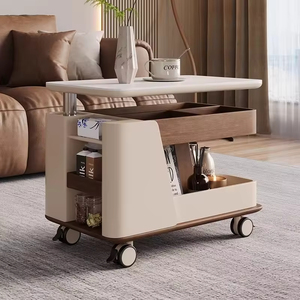 Tavolino Laterale Moderno in Legno Massello Stile Crema, Ecologico, con Piano in Lastra di Roccia, Regolabile, per Soggiorno e Appartamento - Product Image 3