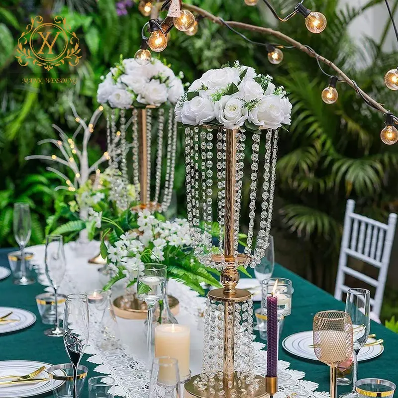 Vaso de flores de casamento com contas altas, suporte de ouro para flores, decoração de mesa de festa de casamento, peças centrais de ouro