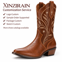 Bottes de cowboy western personnalisées Xinzirain pour hommes, aspect cuir marron, brodées, bout pointu, mi-mollet, talon bloc, à enfiler
