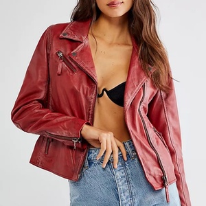 Veste en cuir pour femme, rouge bordeaux, style motard, avec fermeture éclair, tendance et audacieuse, vente en gros sur mesure OEM - Product Image 1
