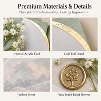 Cartes d'invitation de mariage personnalisées de luxe en acrylique, design arche vert sauge avec enveloppe, sceau de cire et fleurs séchées