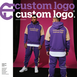 Ensemble de survêtement pour hommes, mode garçons, avec logo personnalisé, sweat à capuche bicolore patchwork et pantalon de survêtement large – Fabricants - Product Image 1