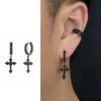 Boucles d'oreilles unisexes en acier inoxydable avec croix en zircon noir vintage, style hip-hop streetwear, vente en gros