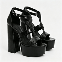 Sandales à plateforme noires tendance pour femme, style croco, talon bloc épais, motif serpent gaufré, bride en T, boucle de cheville, pour soirée, vente en gros