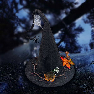 Chapeau de sorcière à large bord, forme conique, feuille d'érable, toile d'araignée, chapeau de fête d'Halloween - Product Image 3