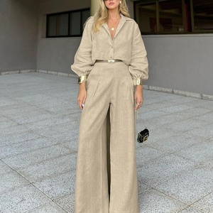 <strong>Korean</strong> Business <strong>Suit</strong> Women Latest Design Office Wear Wholesale Long Sleeve Cotton-Linen Solid High-Waist Casual Set - Product Image 1