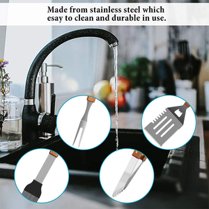 Daphyla Hoàn Chỉnh Thịt Nướng <span class=keywords><strong>4</strong></span> Pcs Thép Không Gỉ <span class=keywords><strong>BBQ</strong></span> Phụ Kiện Nướng Công Cụ Wooded Xử Lý Thiết Lập Với Kẹp Thìa Và Nĩa - Product Image 4