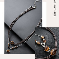 Chaîne de clavicule en cuir marron Meilad Fashion pour hommes, collier avec pendentif en pierre œil de tigre, bijoux