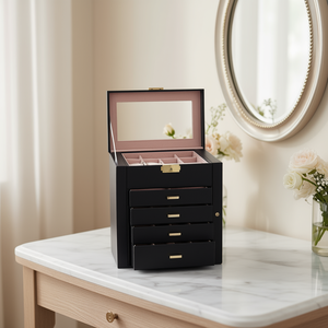 Black Lockable Jewelry Box <b>Mirrored</b> Watch Organizer Synthetic Leather Necklace Ring Earring Storage Gift Case Model D0100H71H3X - Product Image 2