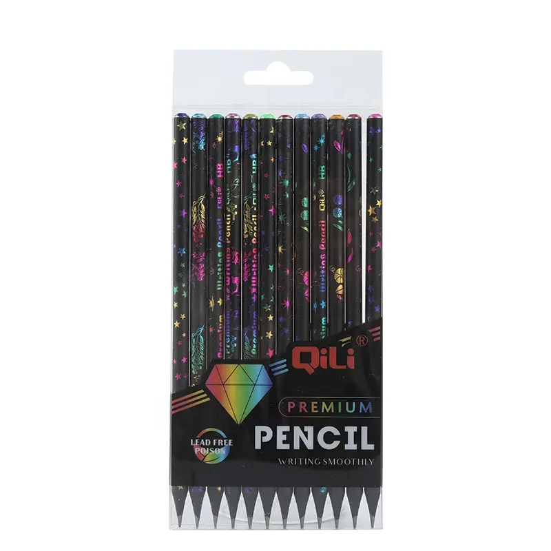 Creative stationery 12pcs premium black wood HB pencil with diamond and neon color printing for school supplies