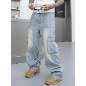 <span class=keywords><strong>Pantaloni</strong></span> Cargo in Denim Ecologico Lavato Azzurro per <span class=keywords><strong>Uomo</strong></span>, Personalizzabili, <span class=keywords><strong>con</strong></span> Grandi Tasche <span class=keywords><strong>Laterali</strong></span>, Stile Casual Invernale da Strada - Product Image 1