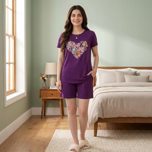 Conjunto de Pijama de Manga Corta para Mujer, Bordado con Corazón Floral Morado, Tejido de Algodón, Informal, para Verano, Cintura Elástica - Product Image 1