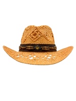 Chapeau de cowboy creux imitation paille en gros |   Chapeaux de festival Panama personnalisés en cuir, perles de bois et pierres précieuses, protection solaire pour adultes