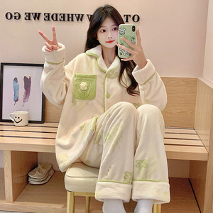 Pijamas de invierno para mujer, cárdigan de franela, solapa, dibujos animados, pijama dulce, traje, conjuntos de ropa de dormir - Product Image 3