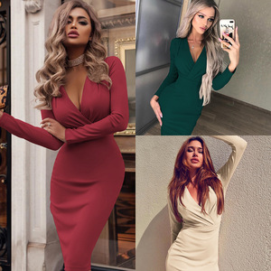 Abito da Donna <span class=keywords><strong>Sexy</strong></span> con Scollo a V Profondo, Maniche Lunghe, Aderente, Elegante, Lunghezza al Ginocchio, Vestito da Festa, <span class=keywords><strong>Abbigliamento</strong></span> <span class=keywords><strong>Femminile</strong></span> - Product Image 6