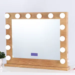 Personalizado de estilo europeu madeira frame hollywood quadrado inteligente maquiagem espelho com luz Led