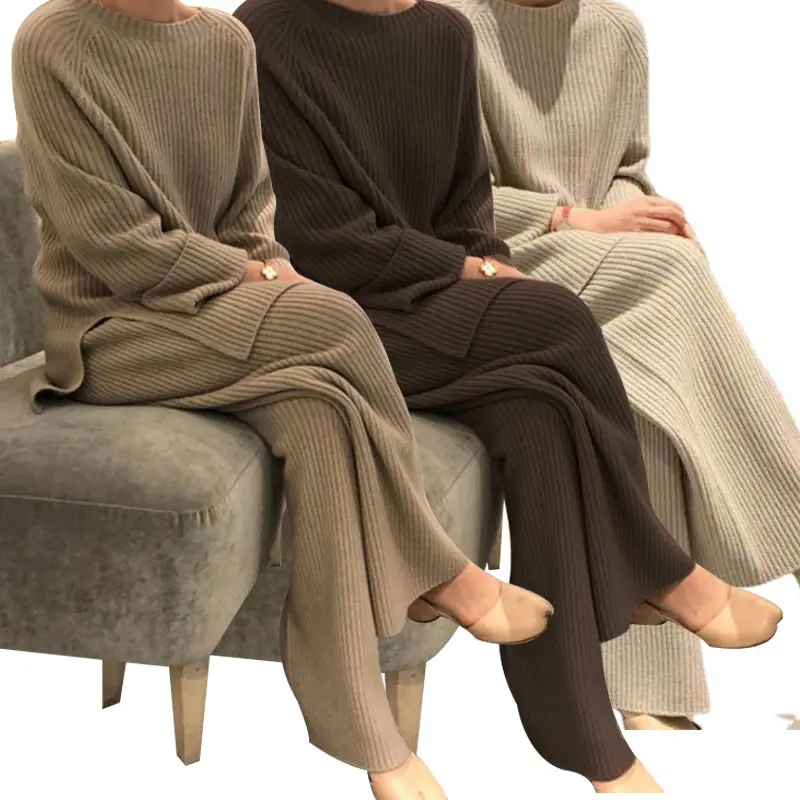 Setelan Sweater Rajut Wanita, Pakaian Musim Dingin Dua Potong, Celana Lebar Atasan Lengan Panjang Longgar