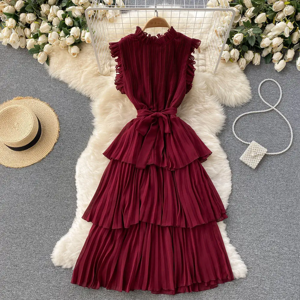 Wholesale 2023 Summer French Women's Heavy Industry Crimped Agaric Collar Lace Up Waist Show Thin Ruffle Chiffon Cake Dress
