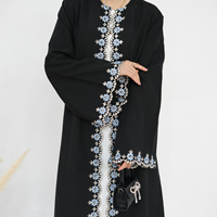 Élégante Abaya Noire Arabe à Broderies Florales, Manches Longues, Abaya Modeste de Dubaï pour l'Aïd, Abaya Ouverte Tendance pour Femmes Musulmanes