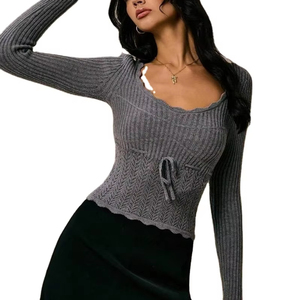 Nuovo maglione a <span class=keywords><strong>maniche</strong></span> <span class=keywords><strong>lunghe</strong></span> lavorato a <span class=keywords><strong>maglia</strong></span> con collo a U basso in <span class=keywords><strong>pizzo</strong></span> dolce dolce - Product Image 1