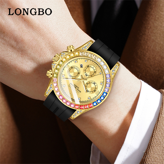 LONGBO Fashion Men Luxury Rubber Strap Watch Calendar Gold Business Watch for Men From Factory High Quality