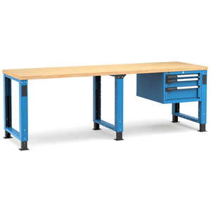 Établi réglable Fami Master 250cm en bleu avec dessus en bois et 3 tiroirs - Product Image 1
