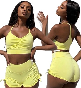 Ensemble d'été 2 pièces haut court et pantalon court pour femmes, tenue Sexy de bonne qualité, sans manches, couleur unie, - Product Image 1