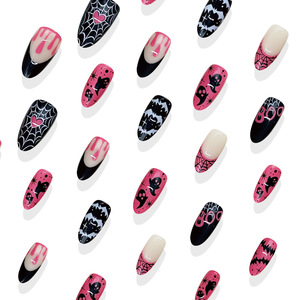 Uñas Postizas de Halloween, Color Rosa y Negro, con Diseño de Fantasma, Murciélago y Araña, Forma Almendrada, para Fiestas y Salones de Belleza - Product Image 4
