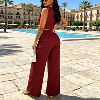 Ensemble pantalon rouge bordeaux pour femme, haut court à col rond, pantalon large à taille haute avec poches latérales, tenue décontractée pour les vacances