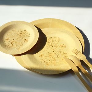 Disposable Bamboo Plates With Map Design Round Square For Party Biodegradable Cutlery Set 1.5Mm Thickness - Product Image 1