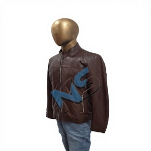 Men's Genuine Cowhide Leather Motorcycle Racing Bomber <b>Jacket</b> Brown Stand Windproof <b>Slim</b> <b>Fit</b> Casual Solid Pattern Zipper Front - Product Image 3