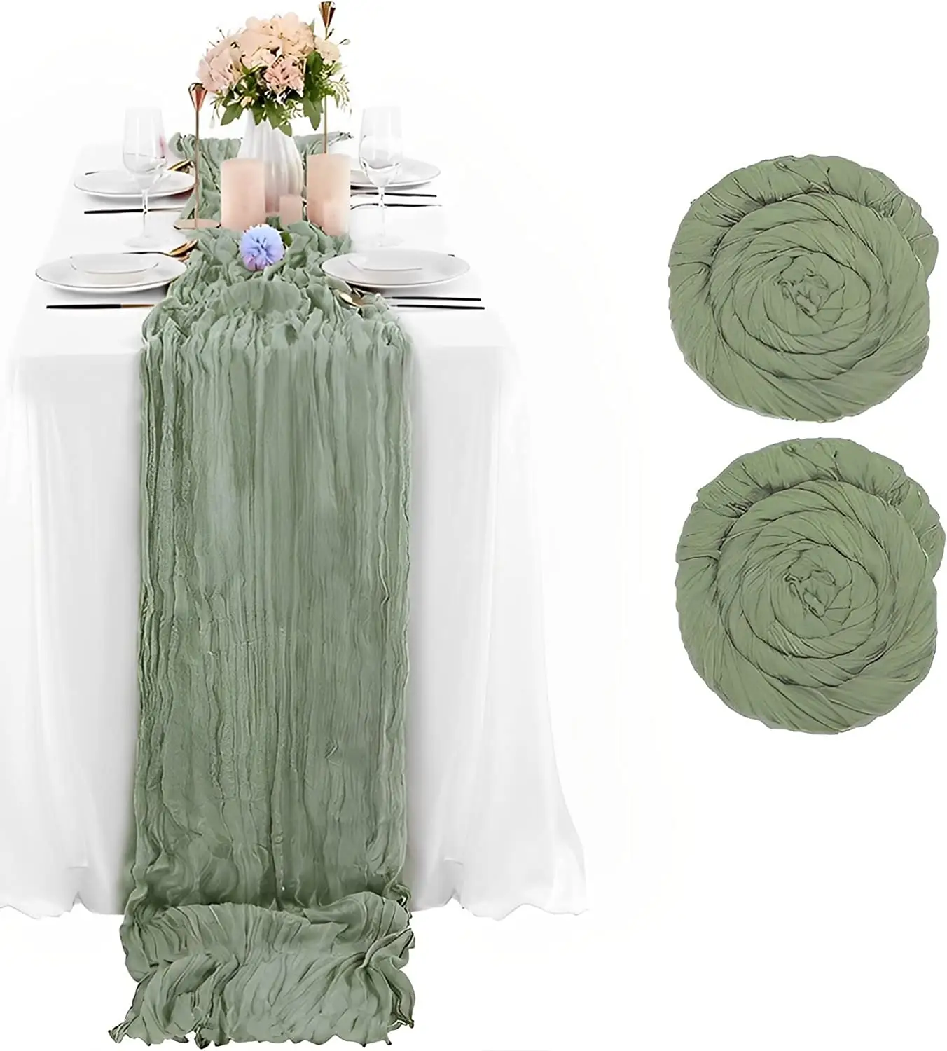 Top selling Sage Green Cheesecloth Table Runner 10FT Boho Gauze Cheese Cloth Table Runner for Wedding decoration