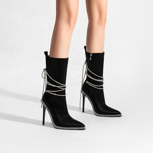 Bottines mi-mollet à talon aiguille et bout pointu pour femmes, <span class=keywords><strong>noires</strong></span>, coréennes, formelles, avec strass, à enfiler - Product Image 1