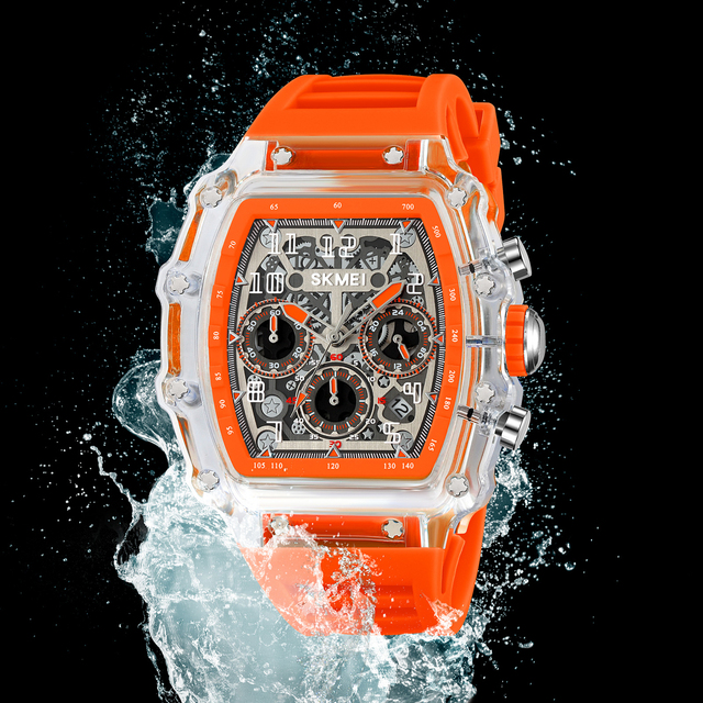 Fashion Quartz Men's Watch Transparent Case Waterproof Chronograph Pointer Dial Custom Logo Three-eye Silicone Band