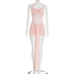 Viviblook D26DS054 Vestidos de Verano para Mujer, Nuevo Vestido Mini de Fiesta con Cuello Halter, Diseño Casual de Color Sólido con Malla y Lazos - Product Image 4