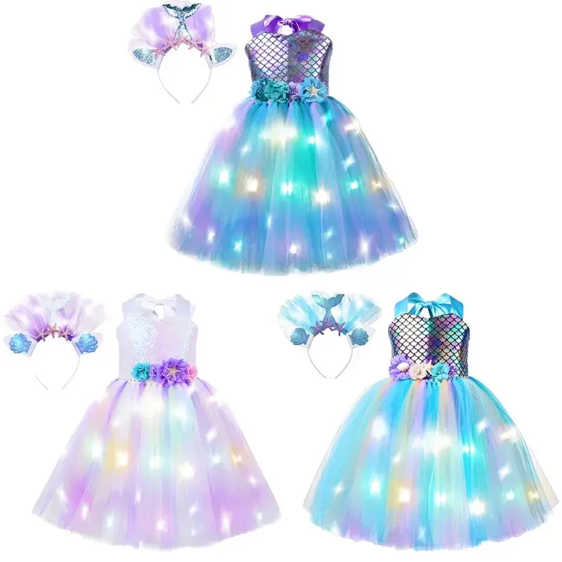 ड्रेस अप पार्टियों के लिए बच्चों के लिए हॉट सेलिंग एलईडी लाइट-अप मरमेड प्रिंसेस टूटू ड्रेस हैलोवीन कॉस्प्ले कॉस्टयूम सेट