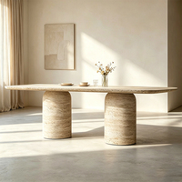 Table à manger en travertin naturel 183x97cm, 76cm de hauteur, bord arrondi, double piétement, style côtier moderne australien