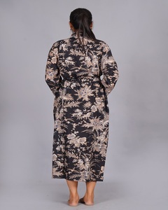 Solid Black Hand Block Printed 100% Cotton Long Sleeve Knee-Length Loungewear <b>Robe</b> with Drawstring Closure - Product Image 2