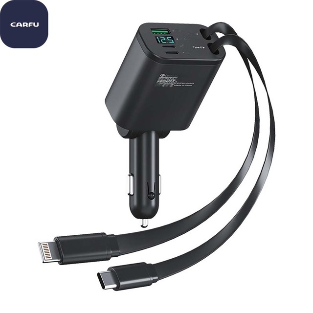 100W Retractable Car Charger 5 in 1 Fast Charging Adapter 180° Rotatable PD Type C Quick Charge 3.0 with Dual Extendable Cables