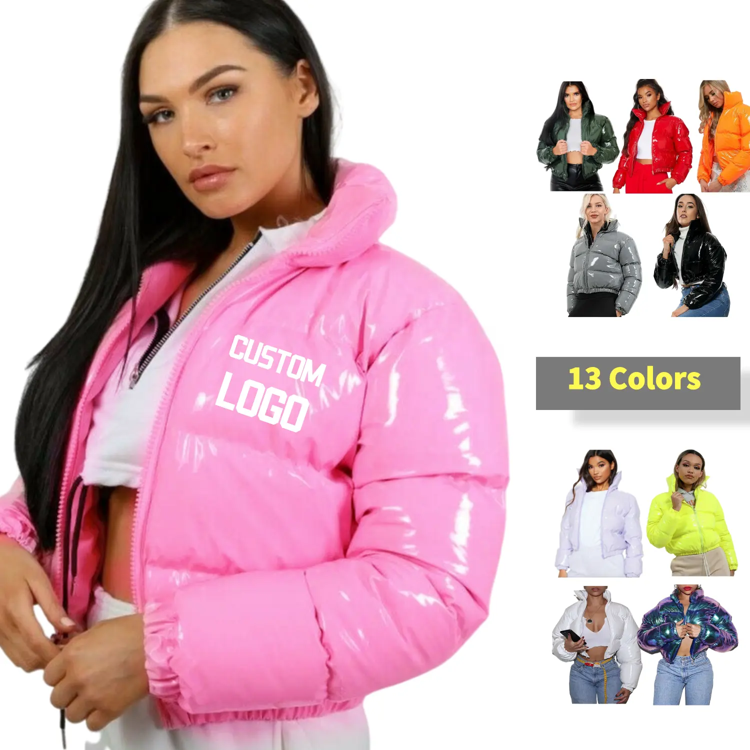 0007 2021 Pink Black Green White Full Zip up Custom LOGO Winter latex Puffer Bubble coats Puff Jacket Women