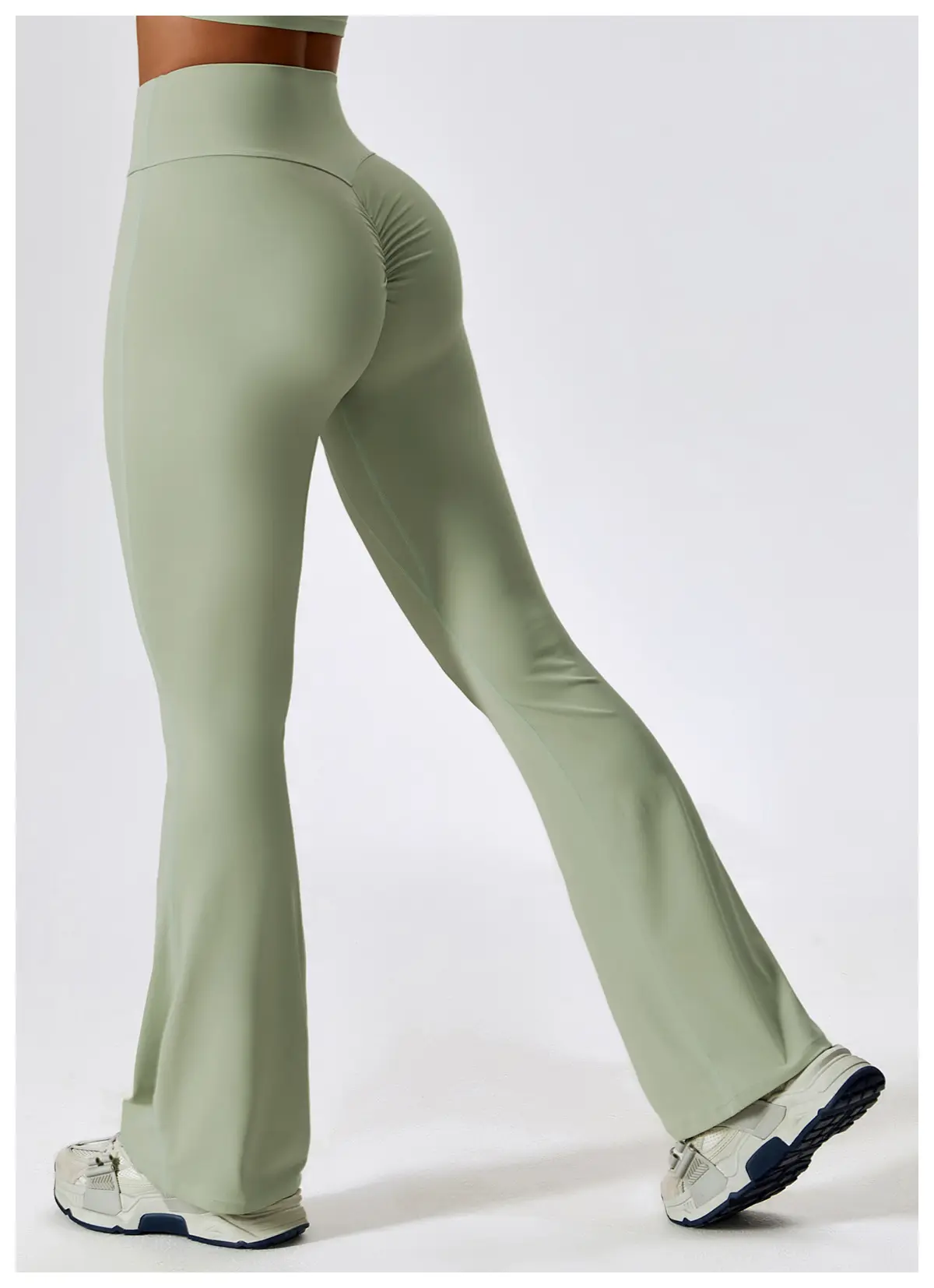Calças de ioga personalizadas de alta qualidade para esportes de lazer, calças esportivas casuais com rugas, calças de ioga para elevação do quadril, cor pura e flare