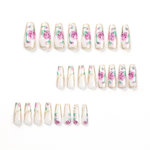 Hot Sale Oem Long Ballerina Press On Nails Flower Leaf Press On Nails Artificial Fingernails Art For Women